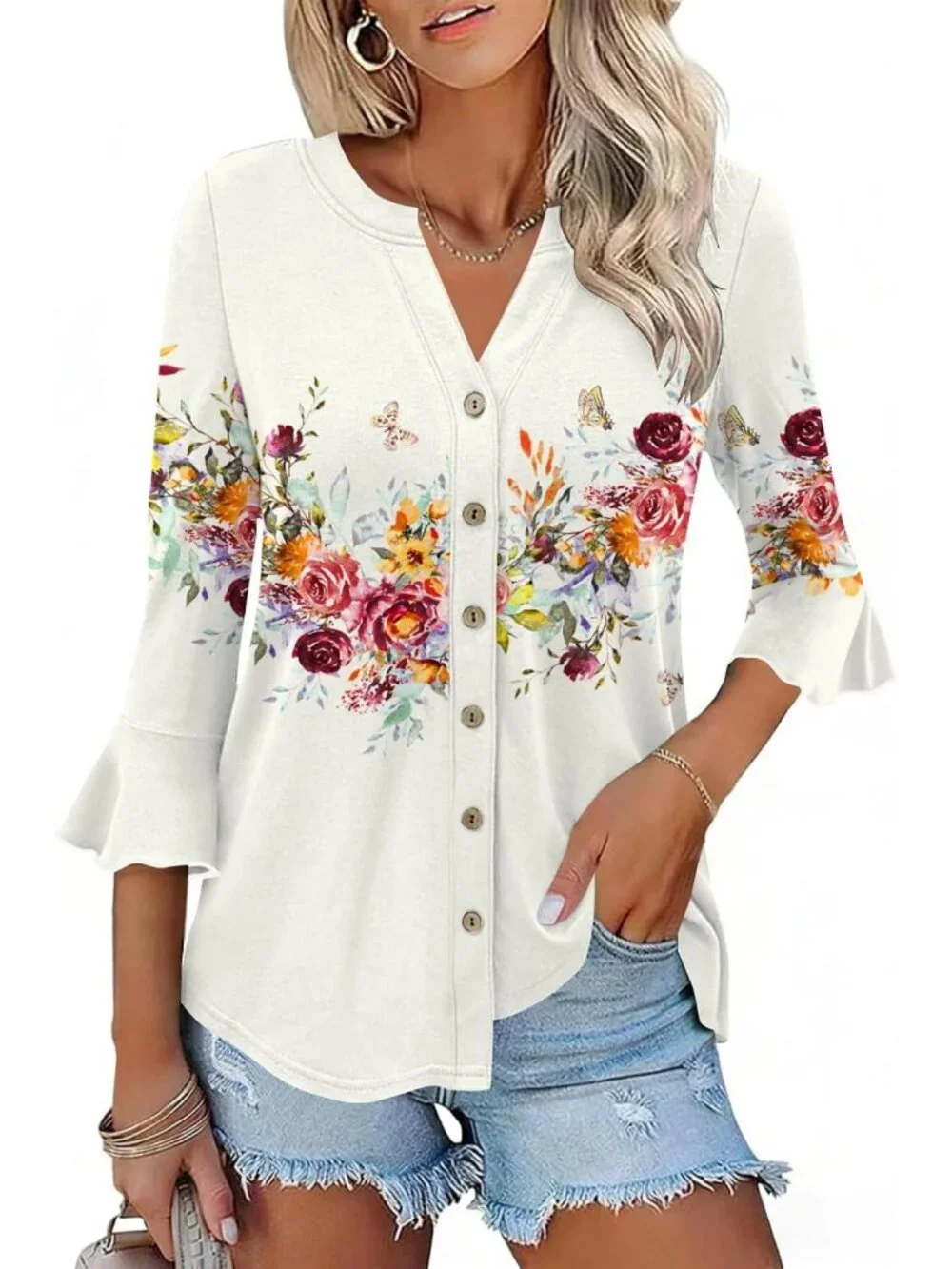 Casual Summer V-Neck Tunic Top for Women | 3/4 Sleeve Ruffle Bell Sleeve Tee